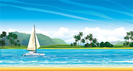 Nature tropical landscape with sailing boat, blue sea and coconat palms on a cloudy sky. Stock Photo - Budget Royalty-Free & Subscription, Code: 400-07675507