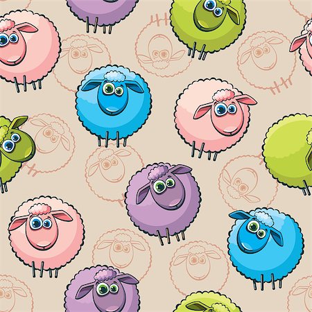 simsearch:400-07245107,k - Cartoon seamless pattern with funny sheeps. Vector wallpaper. Photographie de stock - Aubaine LD & Abonnement, Code: 400-07675515