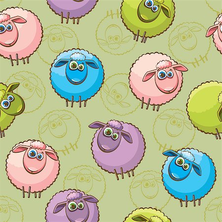 simsearch:400-07245107,k - Cartoon wallpaper with funny sheeps on a green background. Animal seamless pattern. Photographie de stock - Aubaine LD & Abonnement, Code: 400-07675516