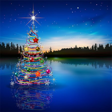 simsearch:400-07679396,k - Abstract blue celebration greeting with Christmas tree and forest lake Foto de stock - Super Valor sin royalties y Suscripción, Código: 400-07675845