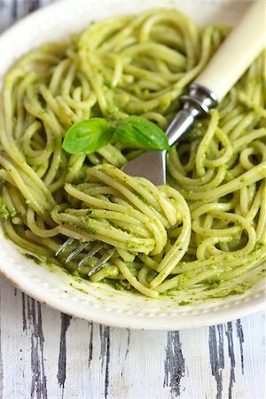 Italian pasta with pesto sauce close-up. Rustic style. Stock Photo - Budget Royalty-Free & Subscription, Code: 400-07675934