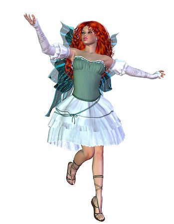 simsearch:400-04173067,k - Digitally rendered illustration of a fairy girl with red hair in green dress on white background. Foto de stock - Super Valor sin royalties y Suscripción, Código: 400-07676305