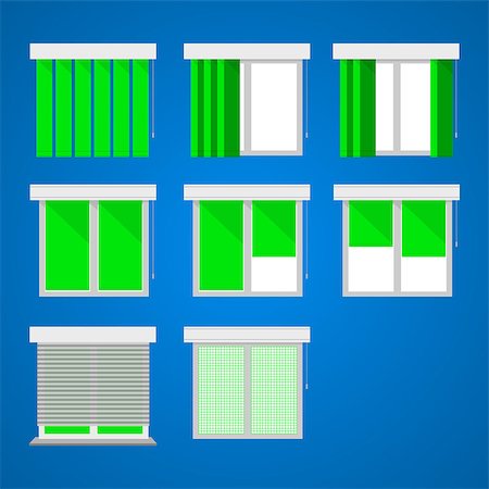 Set of vector icons for windows with green curtains and louvers on blue. Stock Photo - Budget Royalty-Free & Subscription, Code: 400-07676324