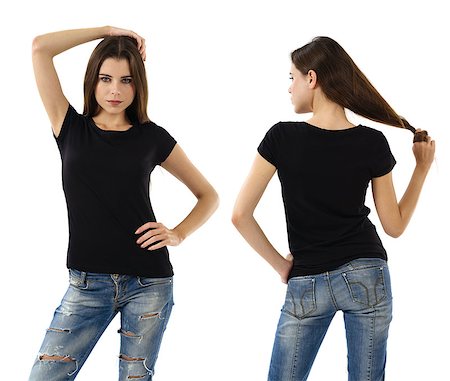 simsearch:400-06457206,k - Young beautiful sexy female with blank black shirt, front and back. Ready for your design or artwork. Photographie de stock - Aubaine LD & Abonnement, Code: 400-07676478