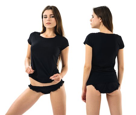 simsearch:400-06457206,k - Young beautiful sexy female with blank black shirt, front and back. Ready for your design or artwork. Photographie de stock - Aubaine LD & Abonnement, Code: 400-07676479