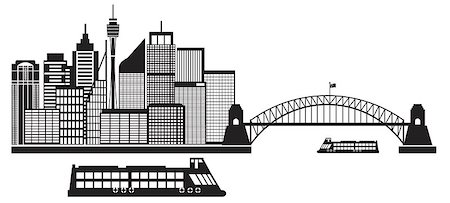 simsearch:649-06622240,k - Sydney Australia Skyline Landmarks Harbour Bridge Black Isolated on White Background Illustration Photographie de stock - Aubaine LD & Abonnement, Code: 400-07676668