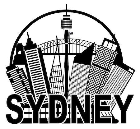 simsearch:400-08980317,k - Sydney Australia Skyline Landmarks Harbour Bridge Black in Circle Isolated on White Background Illustration Foto de stock - Super Valor sin royalties y Suscripción, Código: 400-07676669