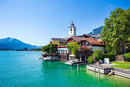 View of View of St. Wolfgang chapel and the village waterfront at Wolfgangsee lake, Austria Stock Photo - Budget Royalty-Free & Subscription, Code: 400-07676736
