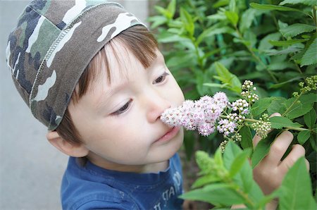 Boy smelling flower outdoor at summertime Foto de stock - Royalty-Free Super Valor e Assinatura, Número: 400-07676799