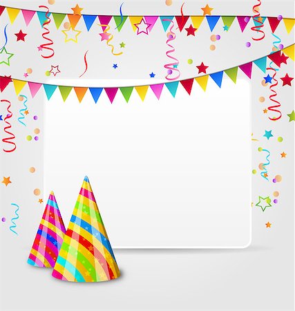 Illustration celebration card with party hats, confetti and hanging flags - vector Stock Photo - Budget Royalty-Free & Subscription, Code: 400-07677040