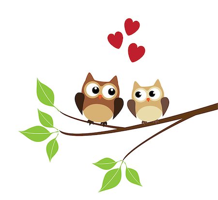 vector owls sitting in the tree branch with red hearts Stock Photo - Budget Royalty-Free & Subscription, Code: 400-07677074