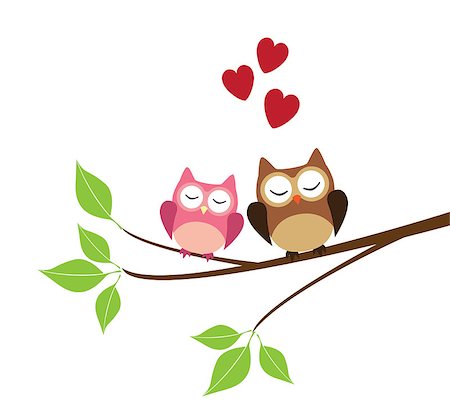 vector owls sitting in the tree branch with red hearts Stock Photo - Budget Royalty-Free & Subscription, Code: 400-07677075