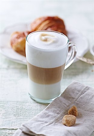 rustic tray - Glass of Latte Macchiato and Croissant with Rhubarb Jam Stock Photo - Budget Royalty-Free & Subscription, Code: 400-07677202