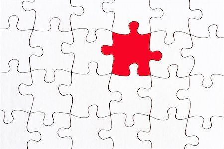 peça perdida - blank white jigsaw with one red piece stand out from the crowd concept Foto de stock - Royalty-Free Super Valor e Assinatura, Número: 400-07677219