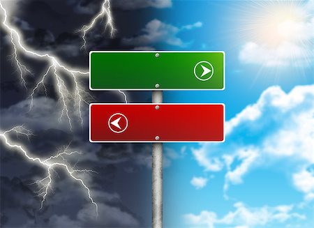 simsearch:400-07632285,k - Crossroads road sign. Color sky and thunder as backdrop Foto de stock - Super Valor sin royalties y Suscripción, Código: 400-07677336