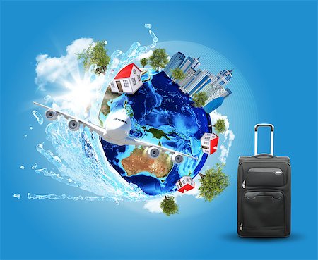 simsearch:400-07677441,k - Earth with buildings, airplane and voyage bag. Elements of this image are furnished by NASA Photographie de stock - Aubaine LD & Abonnement, Code: 400-07677440