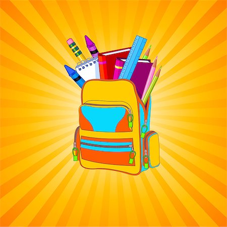 simsearch:400-07053926,k - Illustration of full backpack of school supplies on striped yellow background Foto de stock - Super Valor sin royalties y Suscripción, Código: 400-07677532