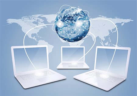 simsearch:400-06857713,k - Laptops with Earth against world map background. Connections and network. Elements of this image are furnished by NASA Fotografie stock - Microstock e Abbonamento, Codice: 400-07677811