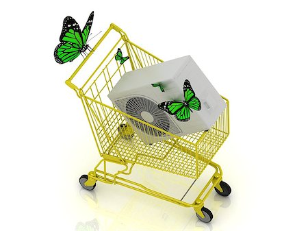 simsearch:400-04139445,k - 3D shopping yellow trolley in high definition. Buying the new conditioner for summer. Isolated on a white background with green butterfly Foto de stock - Super Valor sin royalties y Suscripción, Código: 400-07677906