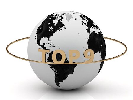 simsearch:400-07505952,k - TOP 9 golden letters on a gold ring around the earth on white background Foto de stock - Super Valor sin royalties y Suscripción, Código: 400-07677912