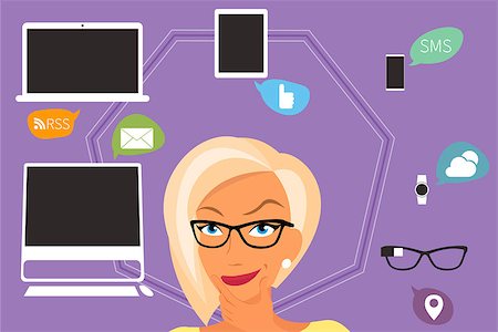 simsearch:400-07315184,k - Blond woman thinking about gadgets and applications around her. Contains EPS10 and high-resolution JPEG Fotografie stock - Microstock e Abbonamento, Codice: 400-07678247
