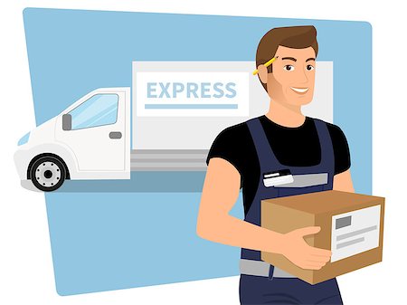 Delivery service man with a box in his hands and white delivery car behind him. Contains EPS10 and high-resolution JPEG Stock Photo - Budget Royalty-Free & Subscription, Code: 400-07678243