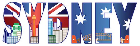 simsearch:400-04502321,k - Sydney Australia Text Outline with Skyline Tower Bridge and Flag Color Illustration Foto de stock - Super Valor sin royalties y Suscripción, Código: 400-07678468