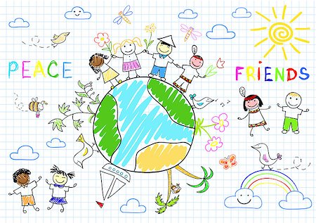 Happy friends. Sketch on notebook page Stock Photo - Budget Royalty-Free & Subscription, Code: 400-07678517