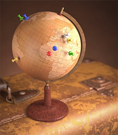 simsearch:400-07676872,k - Old globe with pins marking the route of the trip on top a vintage suitcase. Photographie de stock - Aubaine LD & Abonnement, Code: 400-07678723