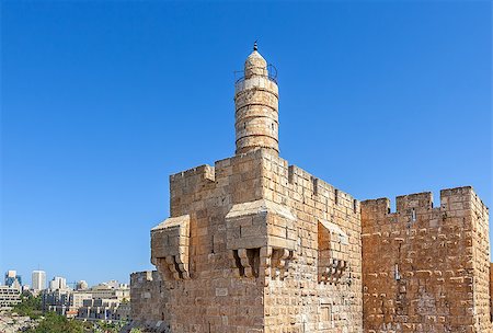 Tower of David and ancient citadel under blue sky in Jerusalem, Israel. Stock Photo - Budget Royalty-Free & Subscription, Code: 400-07679257