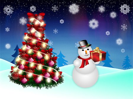 simsearch:400-07896754,k - Illustration of winter background with cute snowman and Christmas tree. Photographie de stock - Aubaine LD & Abonnement, Code: 400-07679413