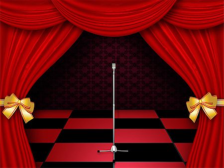 Illustration of red checkered floor with curtain background and retro microphone. Stock Photo - Budget Royalty-Free & Subscription, Code: 400-07679446