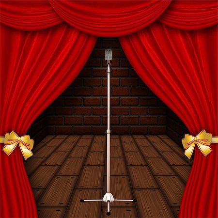 Illustration of retro stage microphone behind red curtains. Stock Photo - Budget Royalty-Free & Subscription, Code: 400-07679453