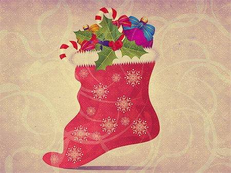 simsearch:400-07679396,k - Illustration of grunge red christmas sock with snowflake background. Foto de stock - Super Valor sin royalties y Suscripción, Código: 400-07679565