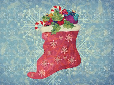 simsearch:400-07679396,k - Illustration of grunge red christmas sock on blue snowflakes background. Foto de stock - Super Valor sin royalties y Suscripción, Código: 400-07679566
