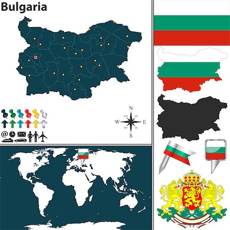 simsearch:400-07326857,k - Vector map of Bulgaria with regions, coat of arms and location on world map Stock Photo - Budget Royalty-Free & Subscription, Code: 400-07670115