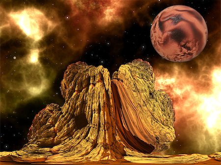 simsearch:400-07666700,k - Alien Rock with space background and a brown planet Stock Photo - Budget Royalty-Free & Subscription, Code: 400-07670247