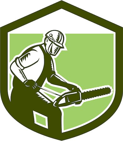 simsearch:400-08574574,k - Illustration of arborist tree surgeon lumberjack holding a chainsaw set inside crest shield on isolated white background done in retro woodcut style. Stock Photo - Budget Royalty-Free & Subscription, Code: 400-07670276