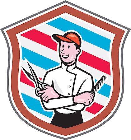 Illustration of a barber holding a scissors and comb facing front looking up set inside shield crest with barber stripes in the background done in cartoon style. Stock Photo - Budget Royalty-Free & Subscription, Code: 400-07670278