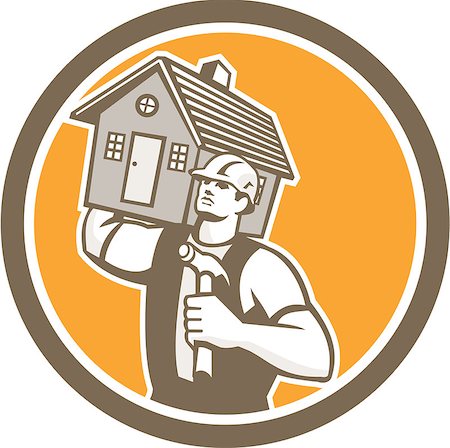 simsearch:400-07747598,k - Illustration of a carpenter builder holding hammer and carrying house on shoulder set inside circle on isolated background done in retro style. Photographie de stock - Aubaine LD & Abonnement, Code: 400-07670286