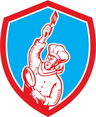 simsearch:400-07429745,k - Illustration of a chef cook baker holding spatula and frying pan set inside shield crest done in retro woodcut style on isolated background. Stock Photo - Budget Royalty-Free & Subscription, Code: 400-07670290