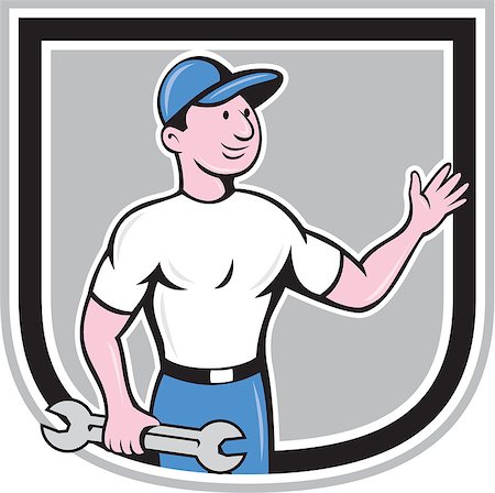 simsearch:400-06737646,k - Illustration of a mechanic holding spanner wrench and waving hand set inside shield crest on isolated background done in cartoon style. Foto de stock - Super Valor sin royalties y Suscripción, Código: 400-07670300