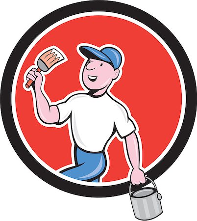 simsearch:400-06737646,k - Illustration of a house painter holding paintbrush and bucket set inside circle on isolated background done in cartoon style. Foto de stock - Super Valor sin royalties y Suscripción, Código: 400-07670301