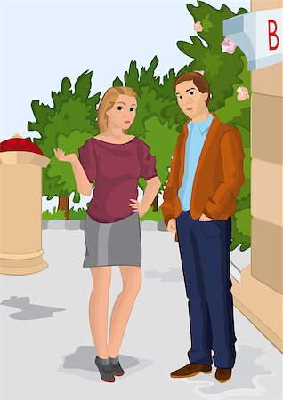 Illustration of retro couple standing on the street near green bush. Stock Photo - Budget Royalty-Free & Subscription, Code: 400-07670513