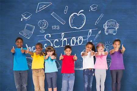 simsearch:400-07684098,k - Elementary pupils smiling showing thumbs up against blue chalkboard Stock Photo - Budget Royalty-Free & Subscription, Code: 400-07684019