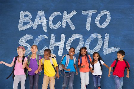 Elementary pupils running against blue chalkboard with back to school message Stock Photo - Budget Royalty-Free & Subscription, Code: 400-07684026