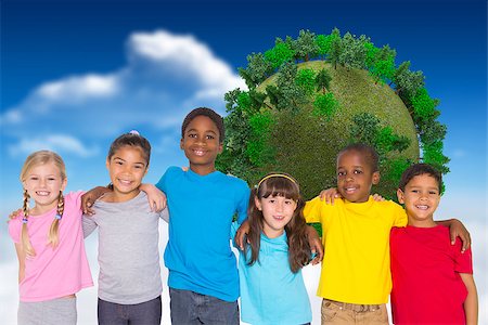 simsearch:400-07684082,k - Elementary pupils smiling against bright blue sky with clouds with globe Stock Photo - Budget Royalty-Free & Subscription, Code: 400-07684058