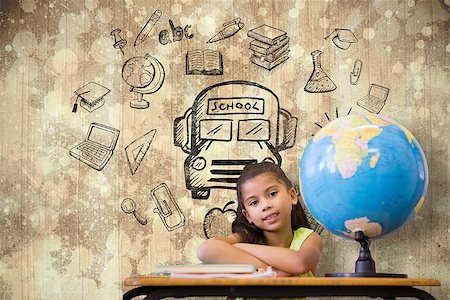 simsearch:400-07683875,k - Cute pupils sitting at desk against wooden surface with planks Foto de stock - Super Valor sin royalties y Suscripción, Código: 400-07684119