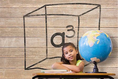 simsearch:400-07683875,k - Cute pupils sitting at desk against wooden surface with planks Foto de stock - Super Valor sin royalties y Suscripción, Código: 400-07684111