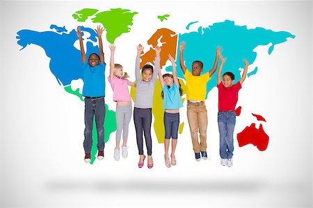 Elementary pupils jumping against white background  with world map Stock Photo - Budget Royalty-Free & Subscription, Code: 400-07684134